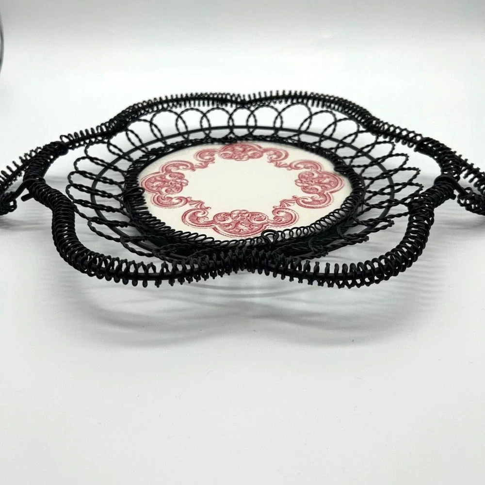 Vtg French English Cottage Ceramic Plate & Black Wire‎ Basket Red White Antique?